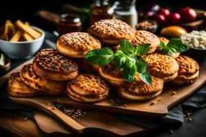 Kekse und andere Essen auf ein hölzern Tafel. KI-generiert foto