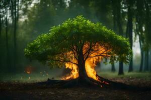 ein Baum mit Flammen Kommen aus von es im das Mitte von ein Wald. KI-generiert foto