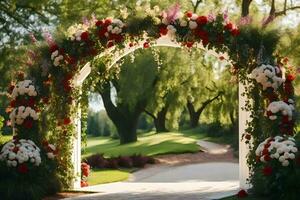 ein Hochzeit Bogen dekoriert mit Blumen und Grün. KI-generiert foto