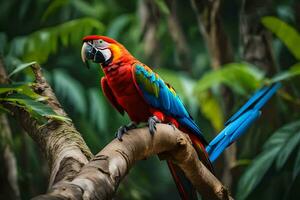 ein bunt Papagei sitzt auf ein Ast im das Dschungel. KI-generiert foto