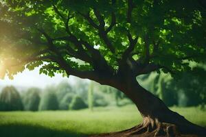 ein Baum ist Stehen im das Mitte von ein Feld. KI-generiert foto