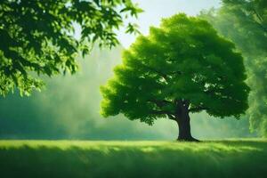 ein Baum im das Mitte von ein Grün Feld. KI-generiert foto