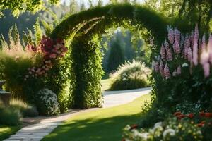 ein Garten mit ein Torbogen und Blumen. KI-generiert foto