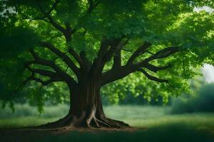 ein groß Baum ist gezeigt im das Mitte von ein Feld. KI-generiert foto