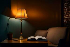 ein öffnen Buch und Lampe auf ein Tabelle im ein dunkel Zimmer. KI-generiert foto