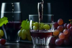 Wein Gießen in Brille mit Trauben. KI-generiert foto