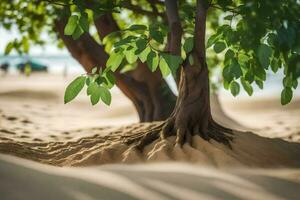 ein Baum mit Blätter wachsend aus von das Sand. KI-generiert foto