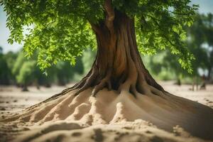 ein Baum mit Wurzeln im das Sand. KI-generiert foto