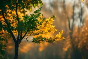 ein Baum im das Mitte von ein Wald mit Gelb Blätter. KI-generiert foto