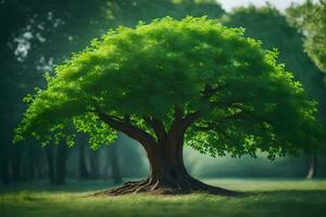 ein Baum im das Mitte von ein Grün Feld. KI-generiert foto