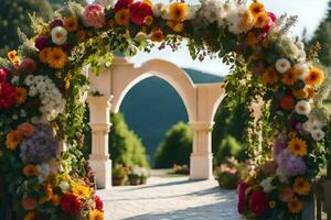 ein Hochzeit Bogen gemacht von Blumen im das Mitte von ein Garten. KI-generiert foto