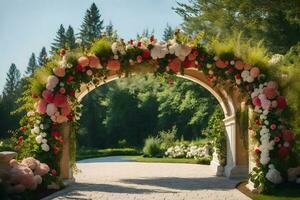 ein Hochzeit Bogen mit Rosa und Weiß Blumen. KI-generiert foto