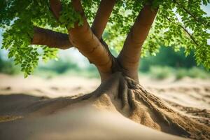 ein Baum mit Wurzeln im das Sand. KI-generiert foto