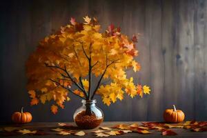 Herbst Blätter im ein Vase mit Kürbisse. KI-generiert foto