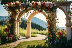ein Hochzeit Bogen mit Blumen im das Hintergrund. KI-generiert foto
