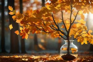 ein Vase mit ein Baum im das Mitte von ein Herbst Wald. KI-generiert foto