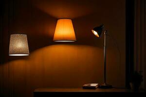 ein Lampe und ein Lampe Schatten auf ein Tisch. KI-generiert foto