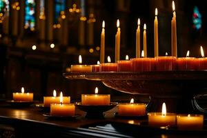 Kerzen sind zündete im ein Kirche mit Kerzen auf ein Tisch. KI-generiert foto