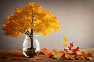 ein Vase mit ein Baum im es und Blätter auf das Tisch. KI-generiert foto