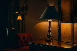 ein Lampe ist Sitzung auf ein Tabelle im ein dunkel Zimmer. KI-generiert foto