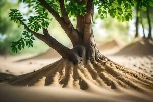 ein Baum mit Wurzeln im das Sand. KI-generiert foto