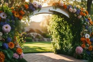 ein Torbogen mit Blumen und Grün. KI-generiert foto