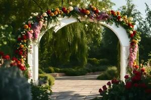 ein Hochzeit Bogen dekoriert mit Blumen und Grün. KI-generiert foto