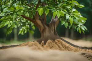 ein Baum mit Wurzeln wachsend aus von das Boden. KI-generiert foto