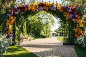 ein Hochzeit Bogen dekoriert mit Blumen im das Garten. KI-generiert foto