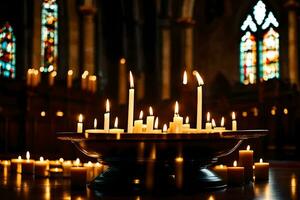 Kerzen sind zündete im ein Kirche mit befleckt Glas Fenster. KI-generiert foto