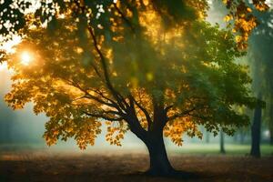 ein Baum im das Mitte von ein Feld mit das Sonne leuchtenden durch Es. KI-generiert foto