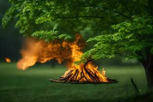 ein Lagerfeuer ist Verbrennung im das Mitte von ein Feld. KI-generiert foto