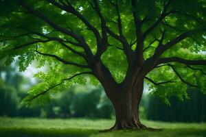 ein groß Baum im das Mitte von ein Grün Feld. KI-generiert foto