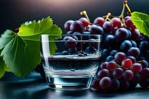 ein Glas von Wasser und Trauben auf ein dunkel Hintergrund. KI-generiert foto