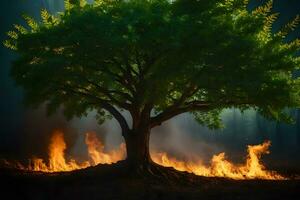 ein Baum mit Flammen Kommen aus von es im das dunkel. KI-generiert foto
