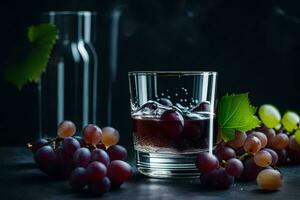 ein Glas von Wein und Trauben auf ein dunkel Hintergrund. KI-generiert foto