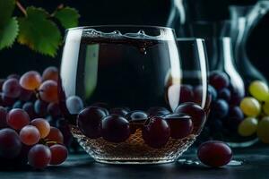 ein Glas von Wein mit Trauben auf ein dunkel Hintergrund. KI-generiert foto