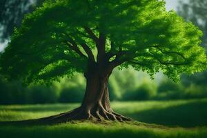 ein Baum mit Wurzeln im das Gras. KI-generiert foto