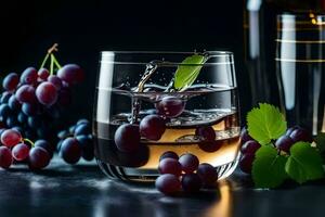 ein Glas von Wein mit Trauben und ein Flasche von Wein. KI-generiert foto