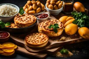 verschiedene Typen von Essen auf ein hölzern Tafel. KI-generiert foto