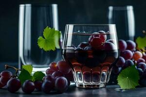 ein Glas von Wein und Trauben auf ein dunkel Tisch. KI-generiert foto