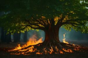 ein Baum mit Flammen Kommen aus von es im das Mitte von ein Wald. KI-generiert foto