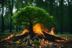 ein Baum mit Flammen und Rauch Kommen aus von Es. KI-generiert foto