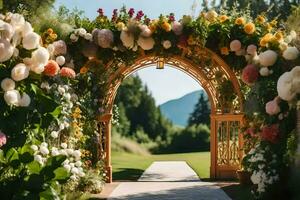 ein Hochzeit Bogen mit Blumen und Gras. KI-generiert foto
