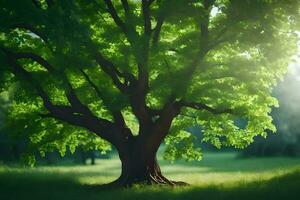 ein Baum ist gezeigt im das Sonnenlicht mit Grün Blätter. KI-generiert foto