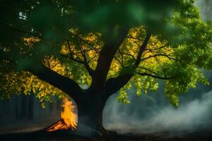 Foto Hintergrund das Himmel, Bäume, Feuer, Rauch, das Wald, das Bäume, das Wald. KI-generiert