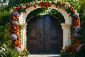 ein Torbogen mit Blumen und ein hölzern Tür. KI-generiert foto