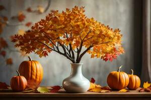 Herbst Blätter und Kürbisse im ein Vase auf ein Tisch. KI-generiert foto