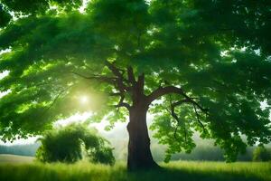 ein groß Baum im das Mitte von ein Feld. KI-generiert foto