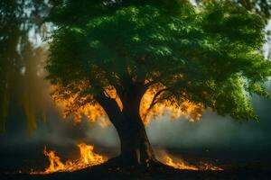 ein Baum mit Flammen Kommen aus von es im das dunkel. KI-generiert foto